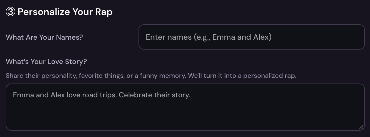 Personalize Your Rap step with names and a love story filled in